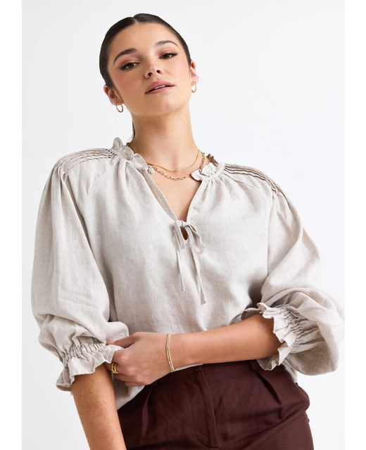 Reunion Birch Natural Linen Shoulder Tie Neck Top