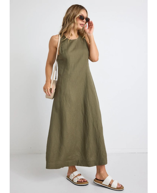 Among The Brave Easygoing Linen Blend Crew Neck Midi Dress