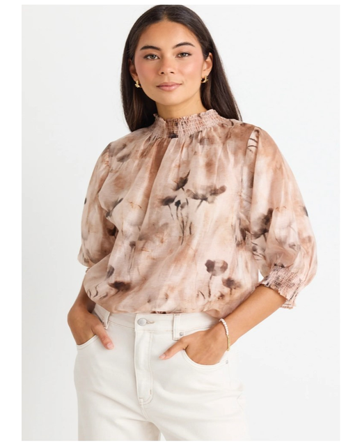 Among The Brave Influential Faded Floral Shirre Neck Top